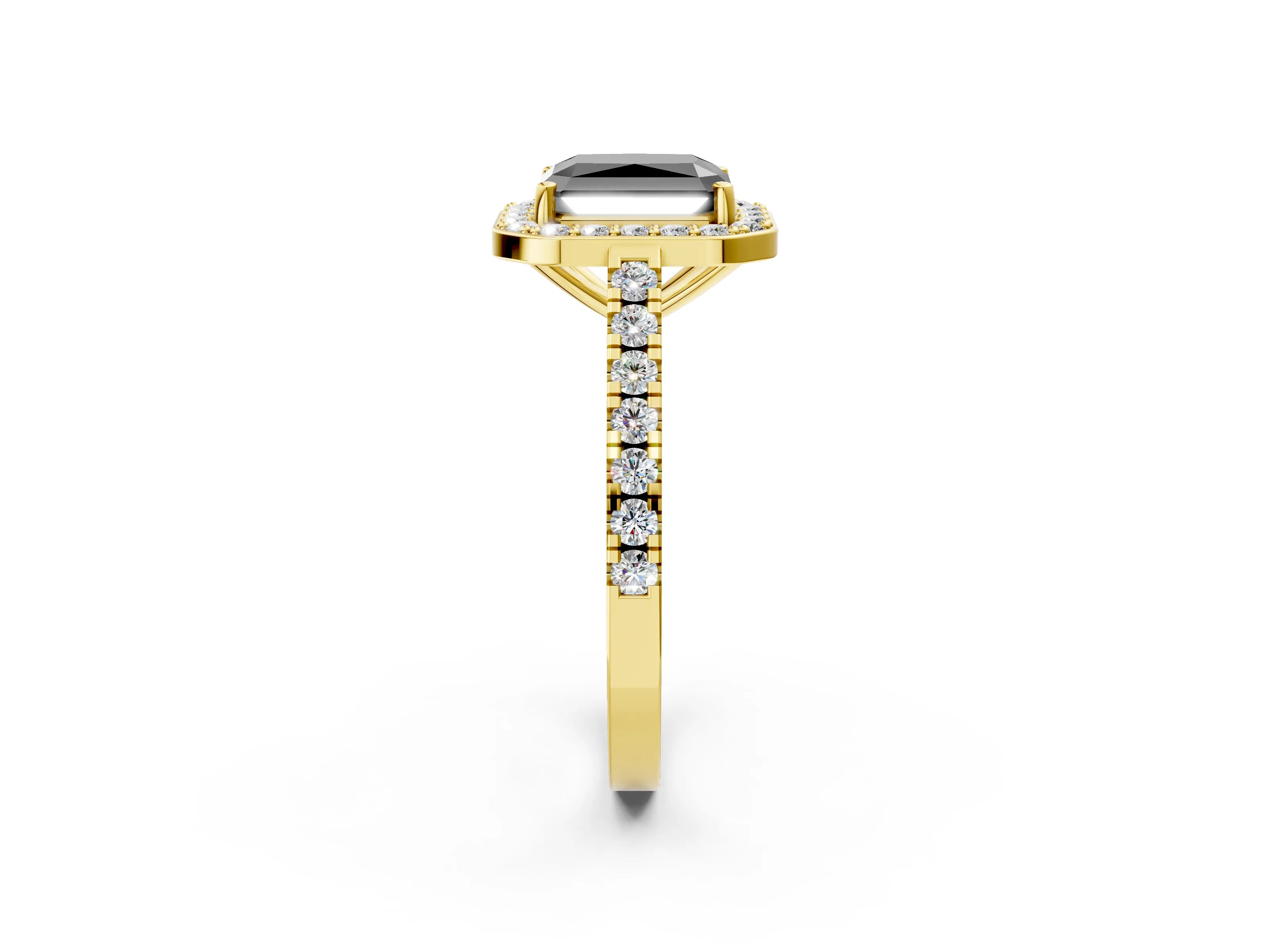 Yellow gold Fancy Black Radiant Cut Halo Diamond Ring with Pavé Band and Three-Prong Setting_2
