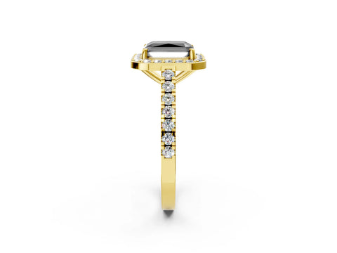 Yellow gold Fancy Black Radiant Cut Halo Diamond Ring with Pavé Band and Three-Prong Setting_2