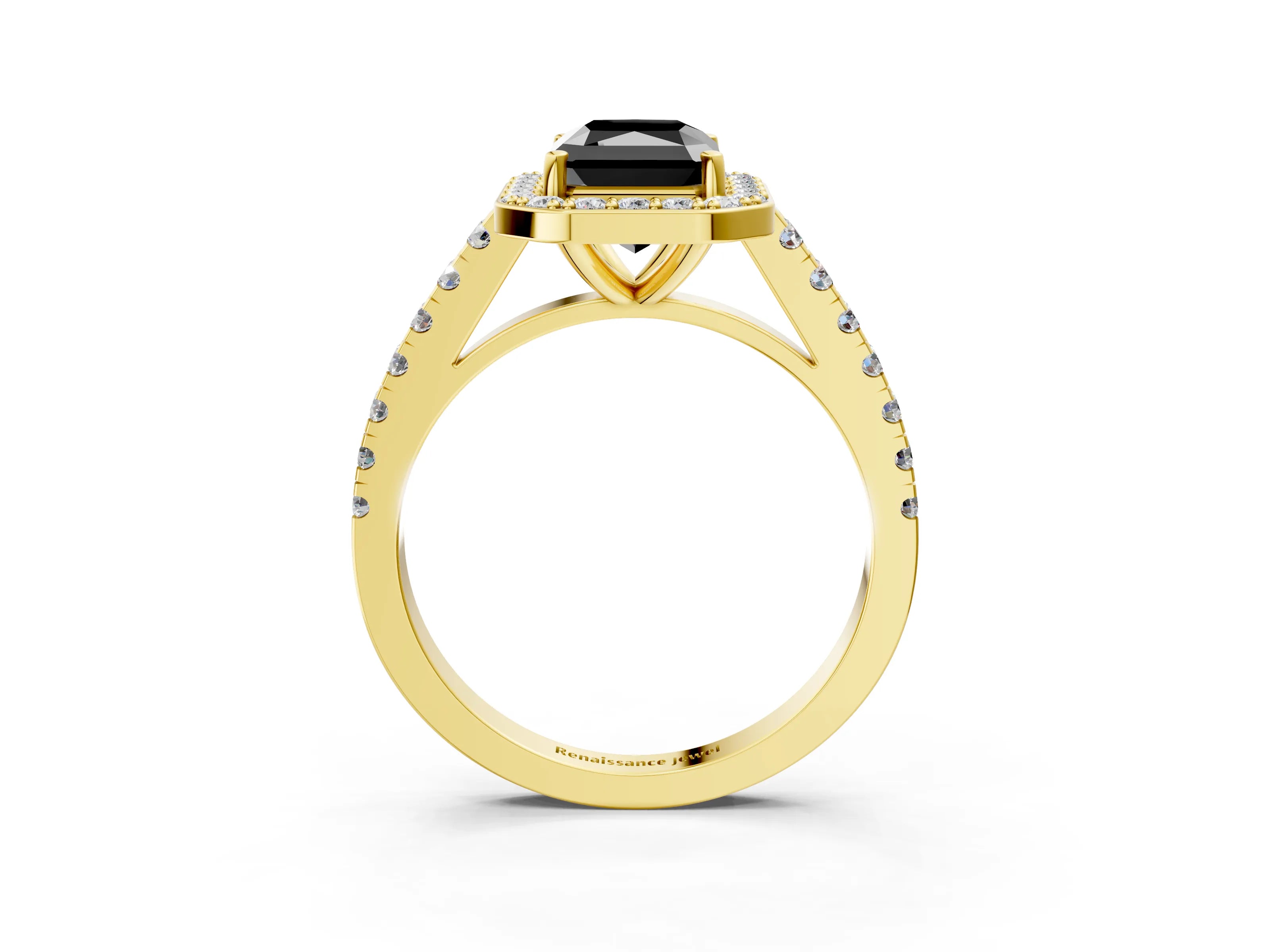 Yellow gold Fancy Black Radiant Cut Halo Diamond Ring with Pavé Band and Three-Prong Setting_3
