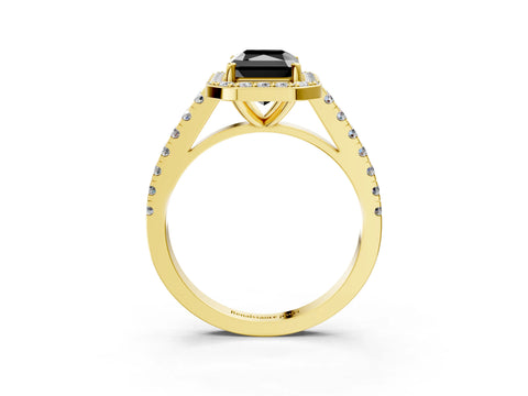 Yellow gold Fancy Black Radiant Cut Halo Diamond Ring with Pavé Band and Three-Prong Setting_3