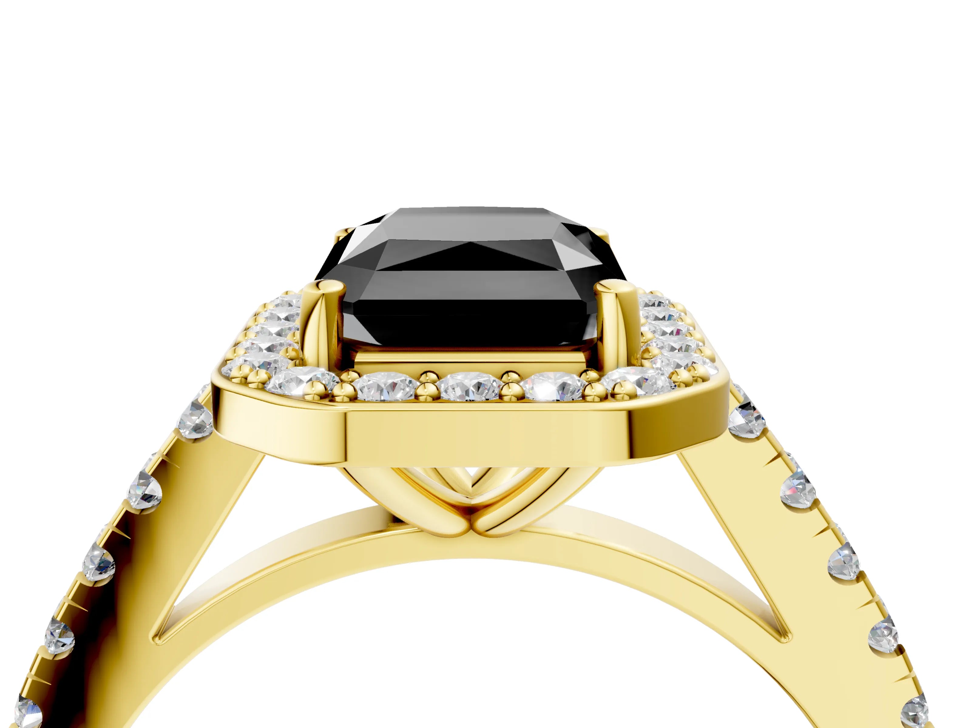 Yellow gold Fancy Black Radiant Cut Halo Diamond Ring with Pavé Band and Three-Prong Setting_4
