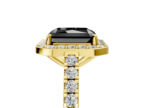 Yellow gold Fancy Black Radiant Cut Halo Diamond Ring with Pavé Band and Three-Prong Setting_5