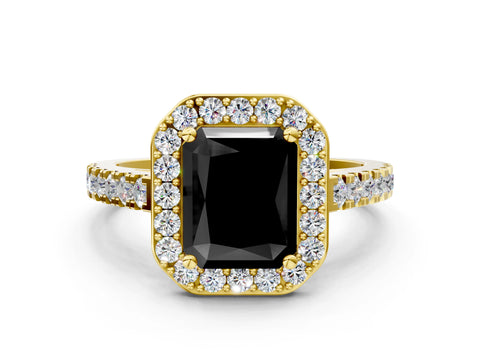 Yellow gold Fancy Black Radiant Cut Halo Diamond Ring with Pavé Band and Three-Prong Setting