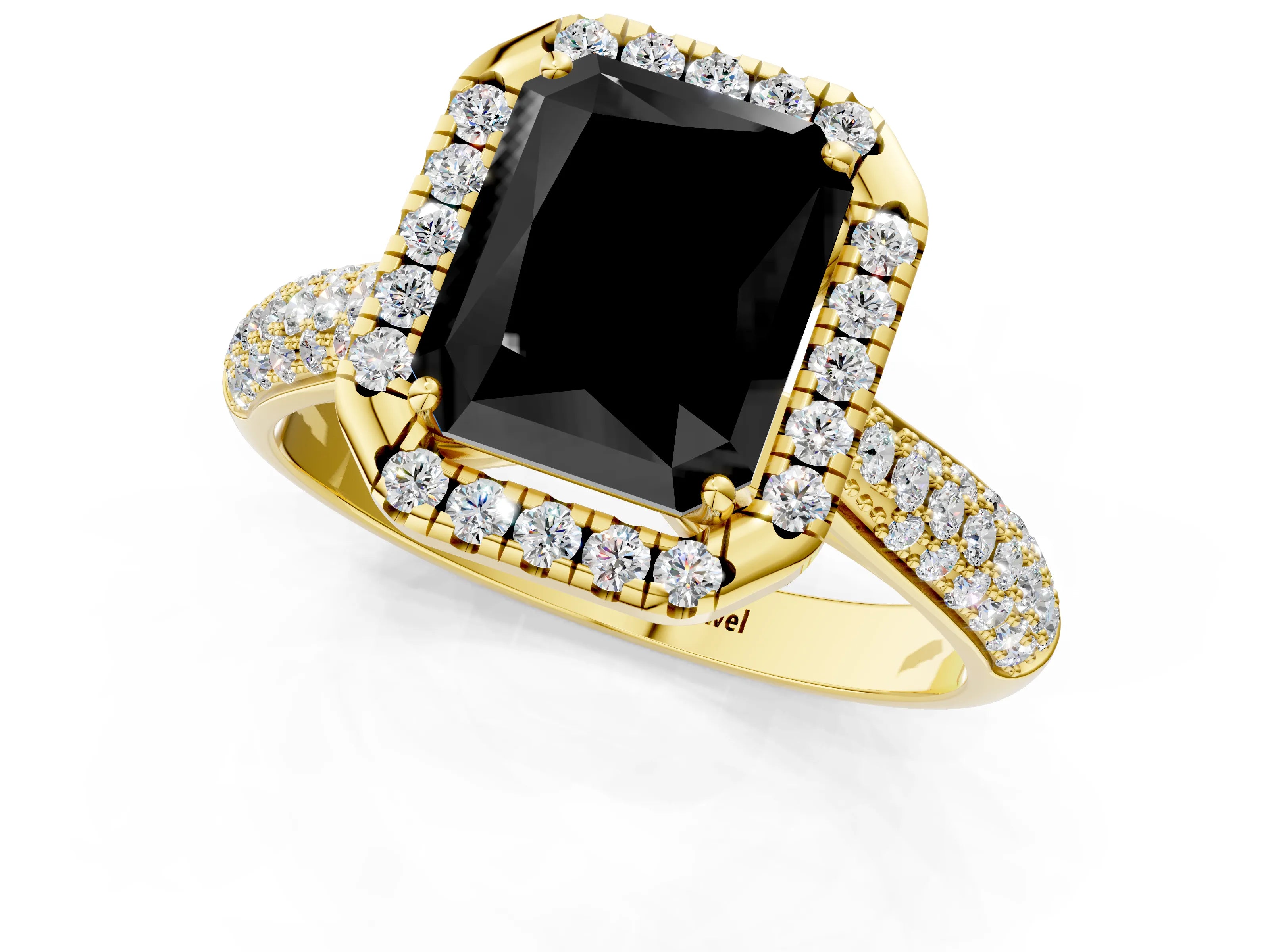 Yellow gold Fancy Black Radiant Cut Halo Diamond Ring with Pavé Band_1