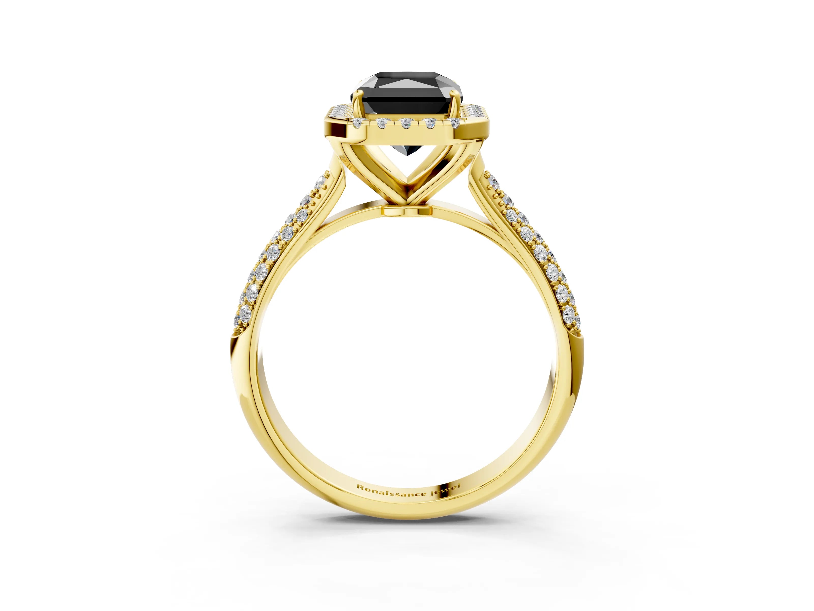 Yellow gold Fancy Black Radiant Cut Halo Diamond Ring with Pavé Band_3