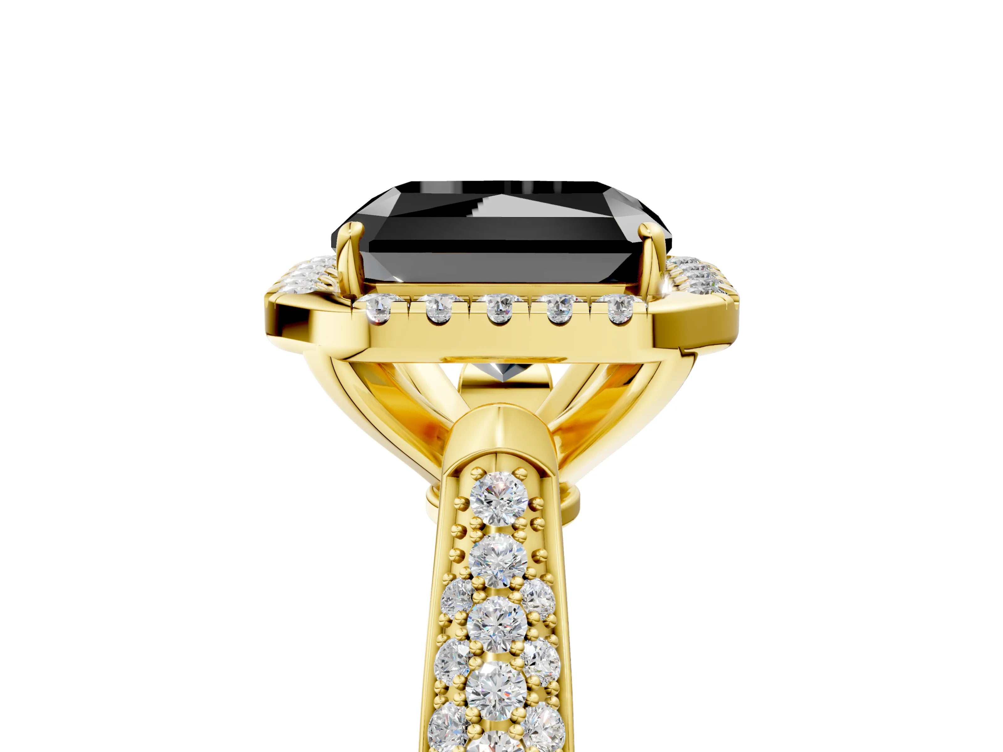 Yellow gold Fancy Black Radiant Cut Halo Diamond Ring with Pavé Band_5