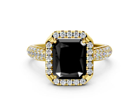 Yellow gold Fancy Black Radiant Cut Halo Diamond Ring with Pavé Band