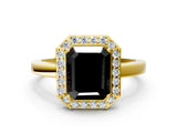 Yellow gold Fancy Black Radiant Cut Halo Diamond Ring with Solitaire Band and Prong Setting