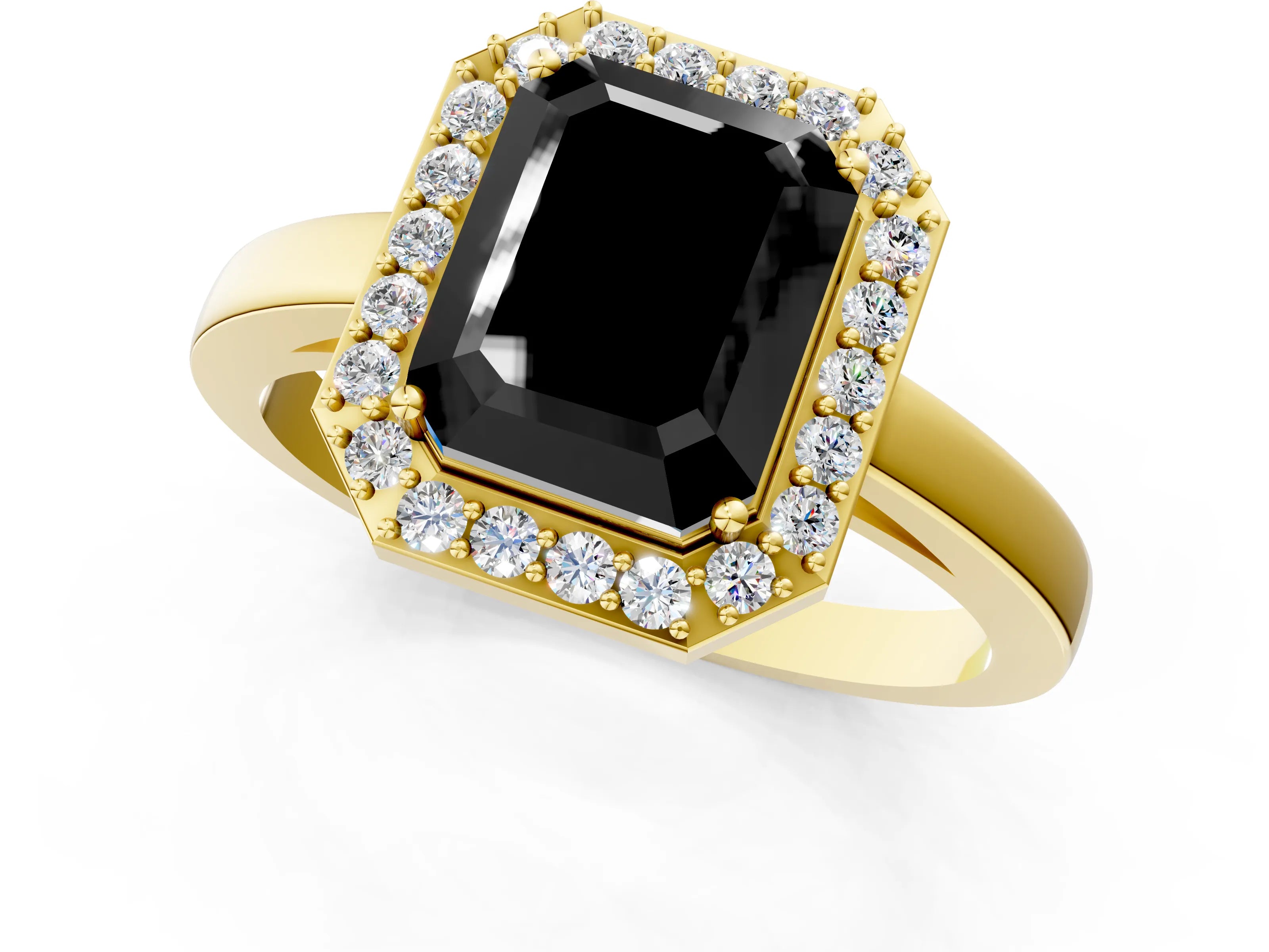 Yellow gold Fancy Black Radiant Cut Halo Diamond Ring with Solitaire Band and Prong Setting_1