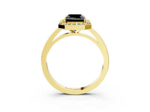 Yellow gold Fancy Black Radiant Cut Halo Diamond Ring with Solitaire Band and Prong Setting_3