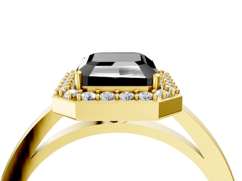 Yellow gold Fancy Black Radiant Cut Halo Diamond Ring with Solitaire Band and Prong Setting_4
