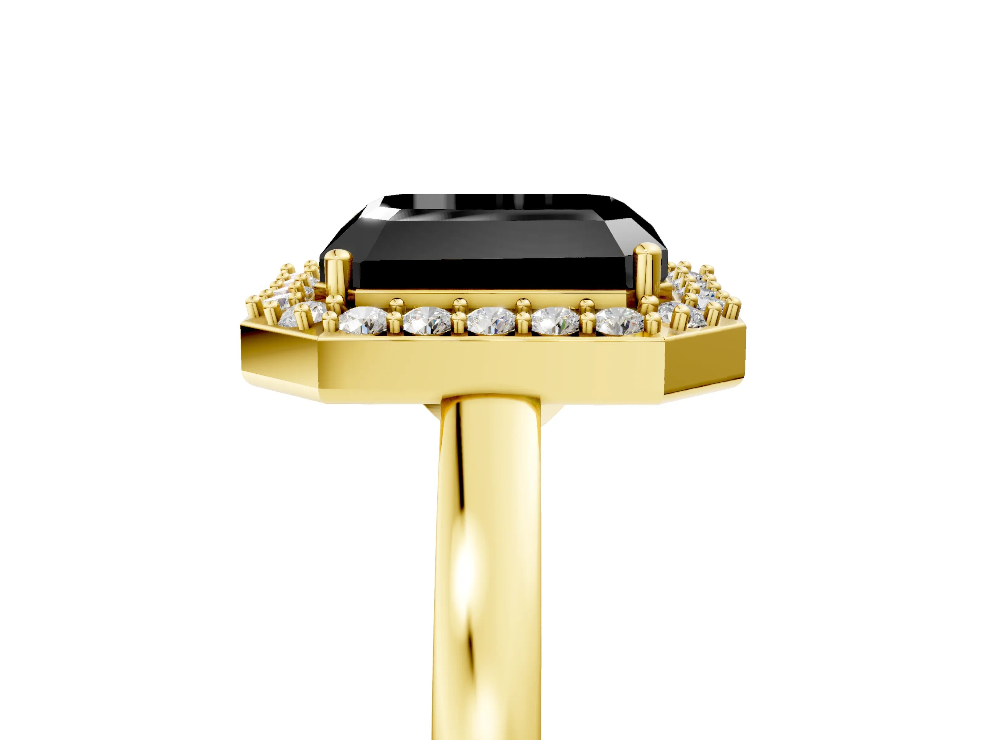 Yellow gold Fancy Black Radiant Cut Halo Diamond Ring with Solitaire Band and Prong Setting_5