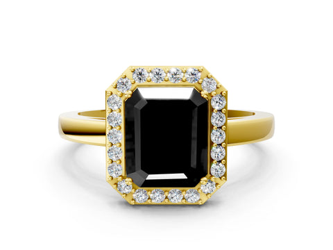 Yellow gold Fancy Black Radiant Cut Halo Diamond Ring with Solitaire Band and Prong Setting