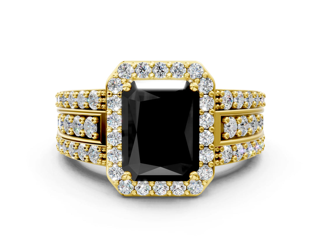 Yellow gold Fancy Black Radiant Cut Halo Diamond Ring with Split Shank and Four-Prong Setting