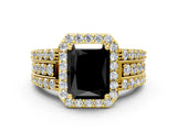 Yellow gold Fancy Black Radiant Cut Halo Diamond Ring with Split Shank and Four-Prong Setting