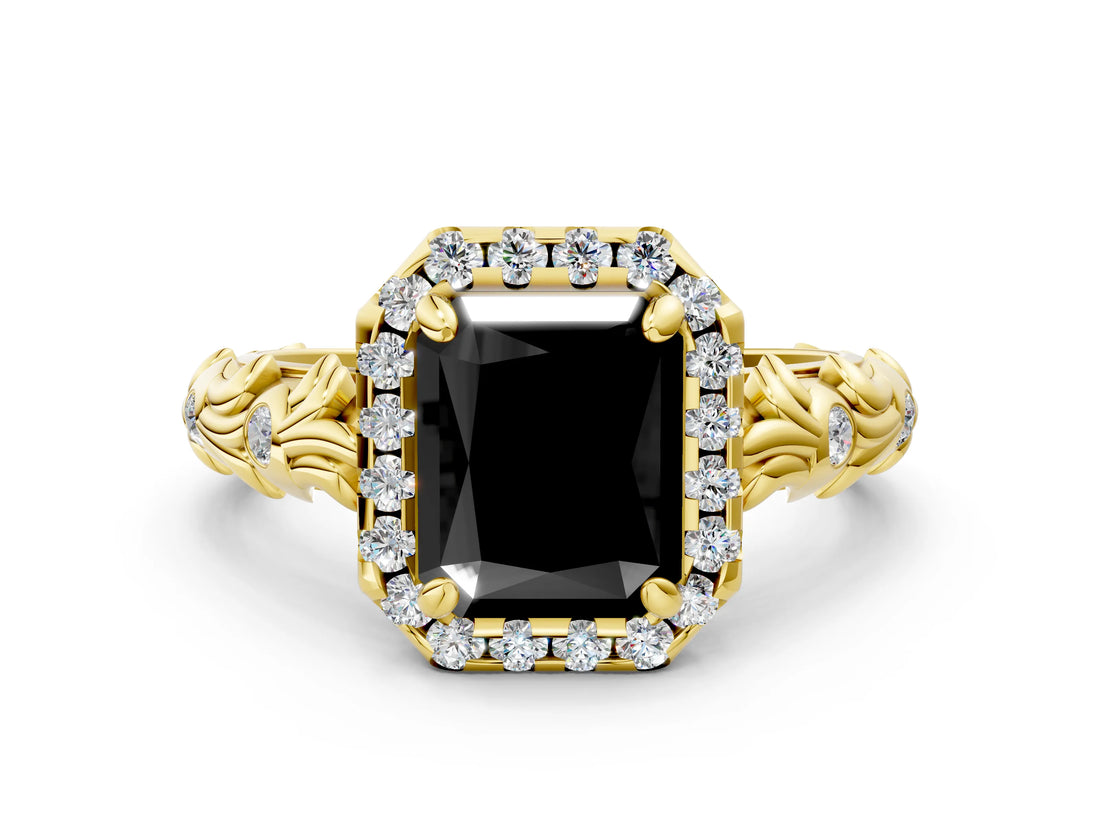Yellow gold Fancy Black Radiant Cut Halo Diamond Solitaire with Filigree Band and Four-Prong Setting