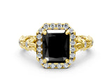 Yellow gold Fancy Black Radiant Cut Halo Diamond Solitaire with Filigree Band and Four-Prong Setting