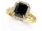 Yellow gold Fancy Black Radiant Cut Halo Diamond Solitaire with Filigree Band and Four-Prong Setting_1