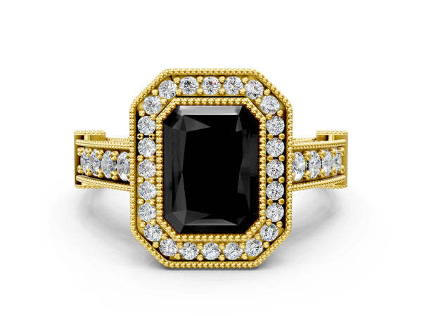 Yellow Gold Radiant Cut Vintage Bezel Halo Engagement Ring Setting for Black Center
