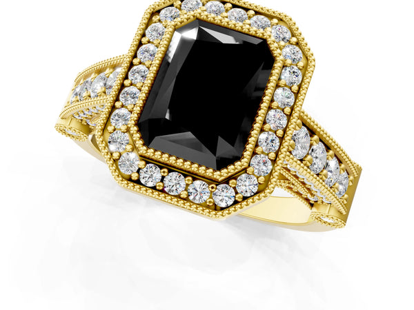 Yellow Gold Radiant Cut Vintage Bezel Halo Engagement Ring Setting for Black Center