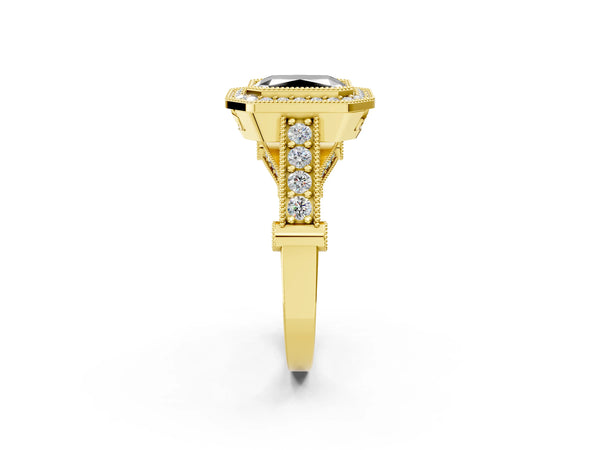 Yellow Gold Radiant Cut Vintage Bezel Halo Engagement Ring Setting for Black Center