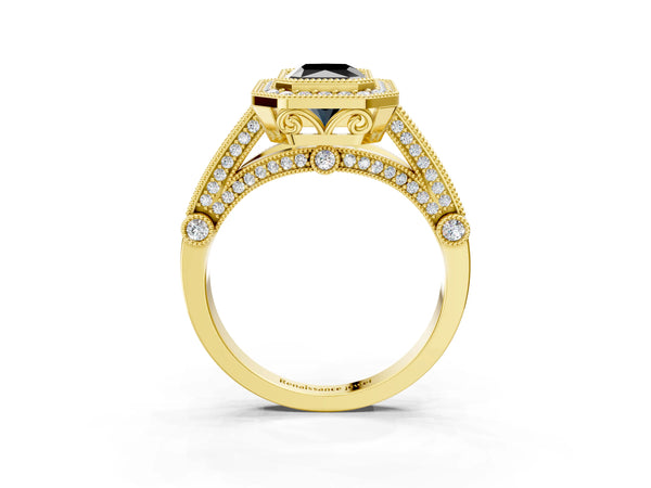 Yellow Gold Radiant Cut Vintage Bezel Halo Engagement Ring Setting for Black Center