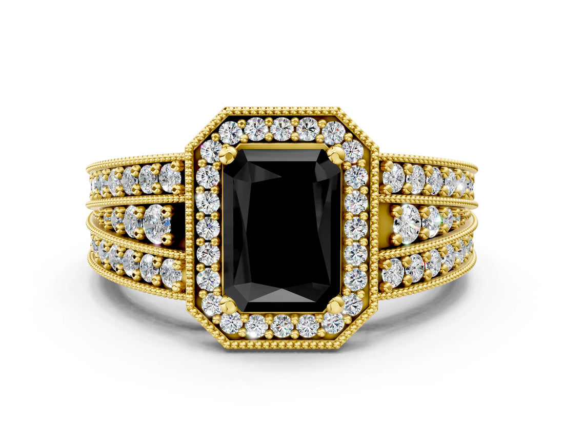 Yellow gold Fancy Black Radiant Cut Halo Diamond Split Shank Ring with Prong Setting_6