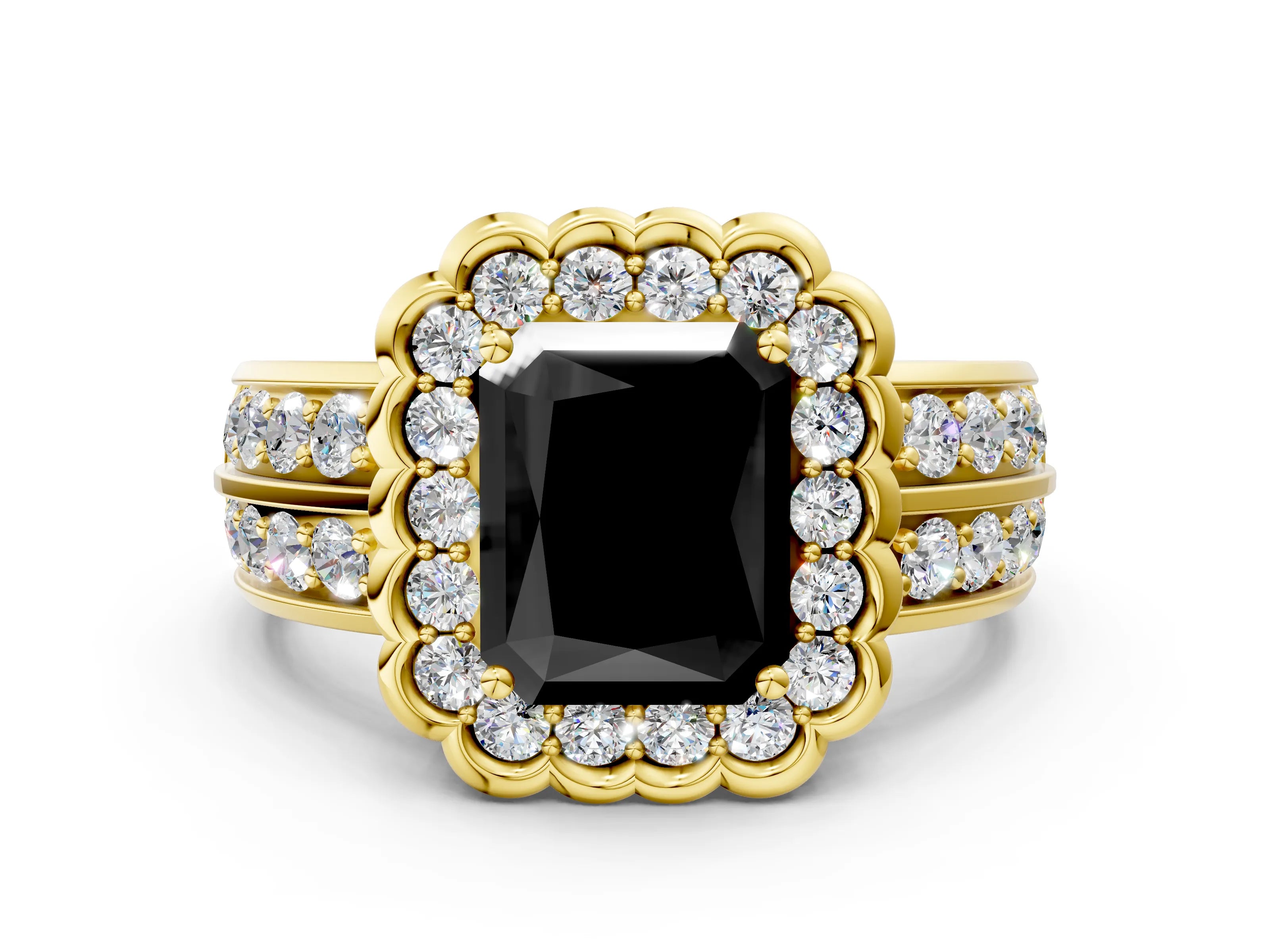 Yellow gold Fancy Black Radiant Cut Halo Diamond Split Shank Ring with Scalloped Prong Setting