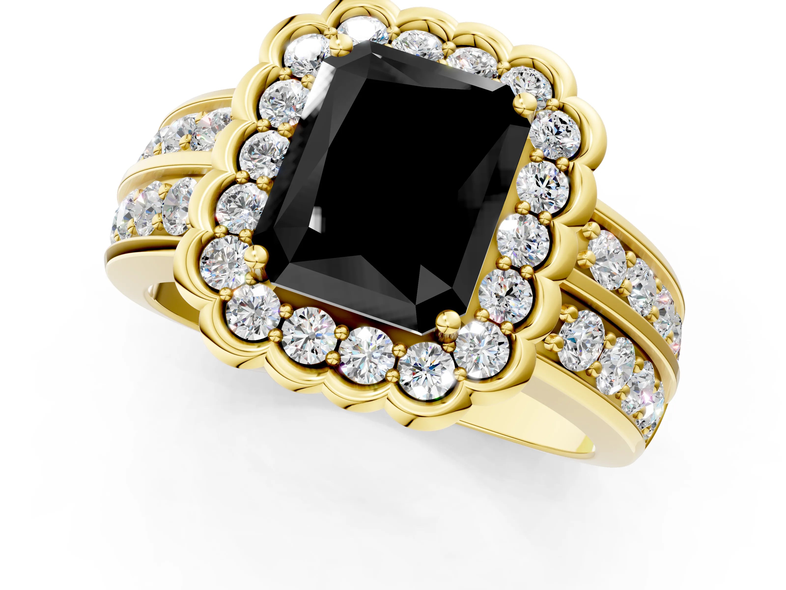 Yellow gold Fancy Black Radiant Cut Halo Diamond Split Shank Ring with Scalloped Prong Setting_1