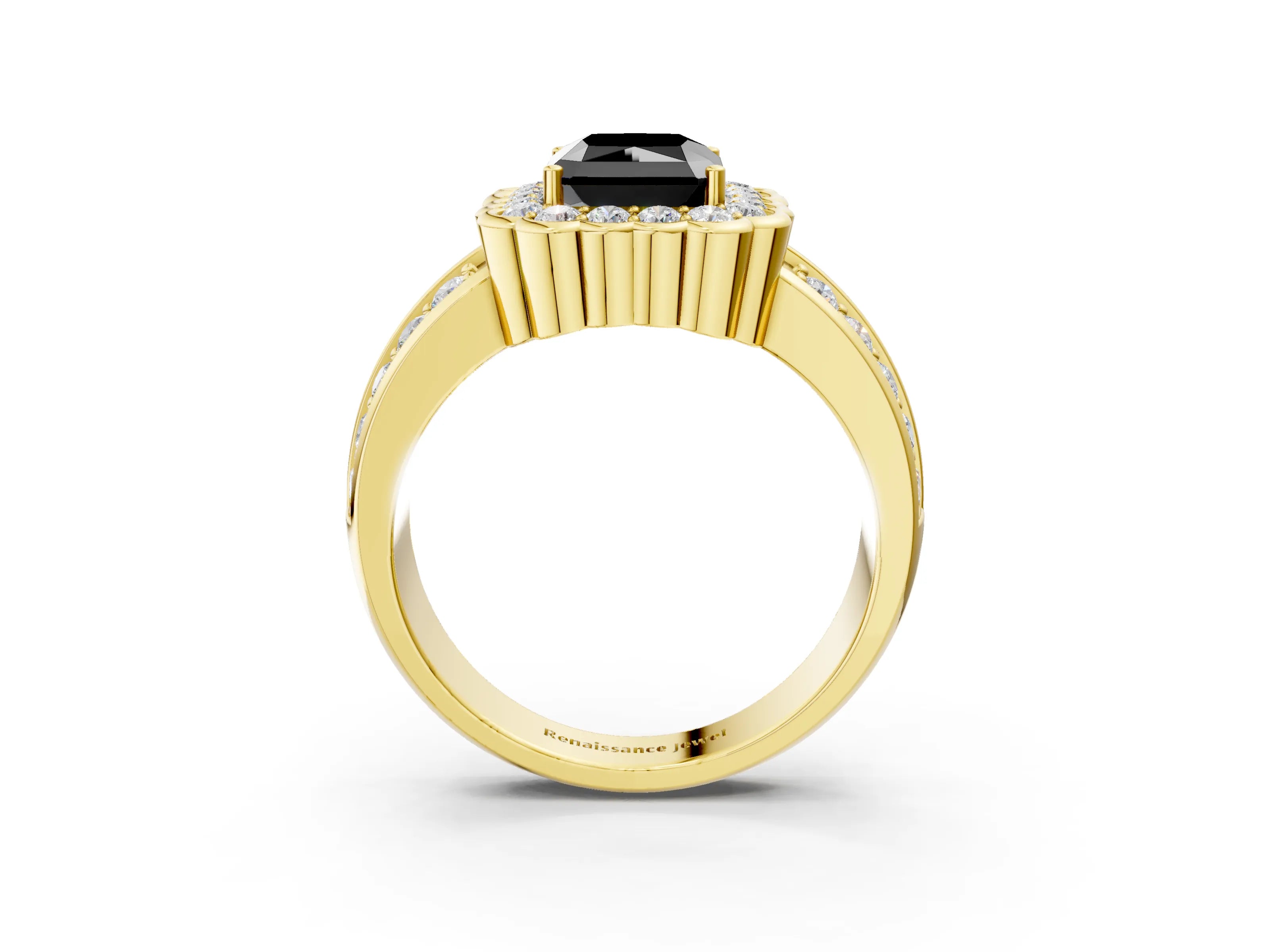 Yellow gold Fancy Black Radiant Cut Halo Diamond Split Shank Ring with Scalloped Prong Setting_3