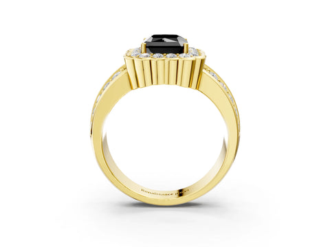 Yellow gold Fancy Black Radiant Cut Halo Diamond Split Shank Ring with Scalloped Prong Setting_3