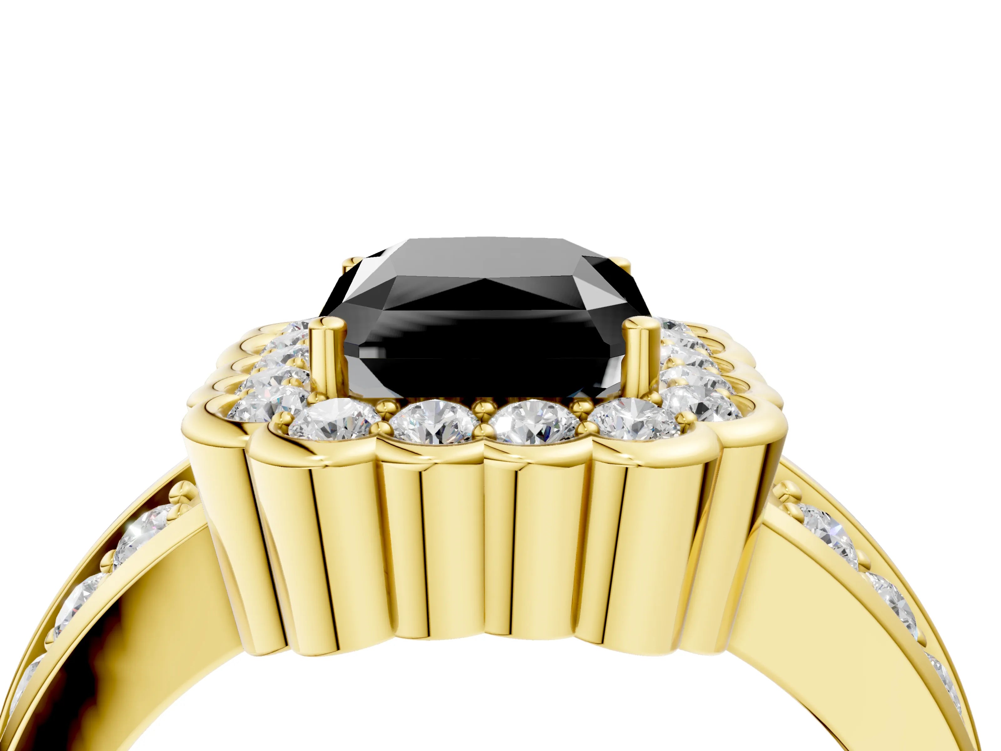 Yellow gold Fancy Black Radiant Cut Halo Diamond Split Shank Ring with Scalloped Prong Setting_4