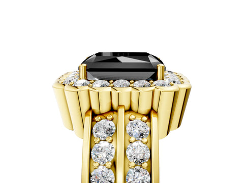 Yellow gold Fancy Black Radiant Cut Halo Diamond Split Shank Ring with Scalloped Prong Setting_5