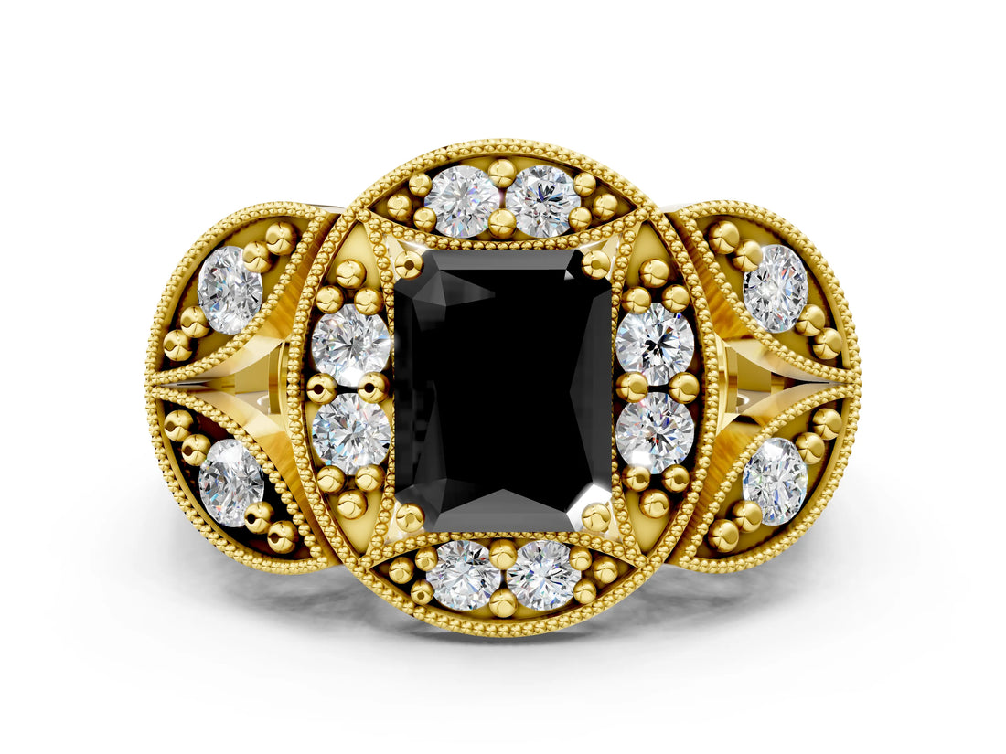 Yellow gold Fancy Black Radiant Cut Halo Milgrain Diamond Engagement Ring with Leaf Band and Four-Prong Setting