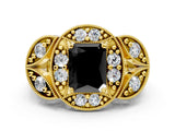 Yellow gold Fancy Black Radiant Cut Halo Milgrain Diamond Engagement Ring with Leaf Band and Four-Prong Setting