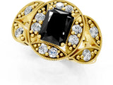 Yellow gold Fancy Black Radiant Cut Halo Milgrain Diamond Engagement Ring with Leaf Band and Four-Prong Setting_1