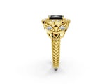 Yellow gold Fancy Black Radiant Cut Halo Milgrain Diamond Engagement Ring with Leaf Band and Four-Prong Setting_2