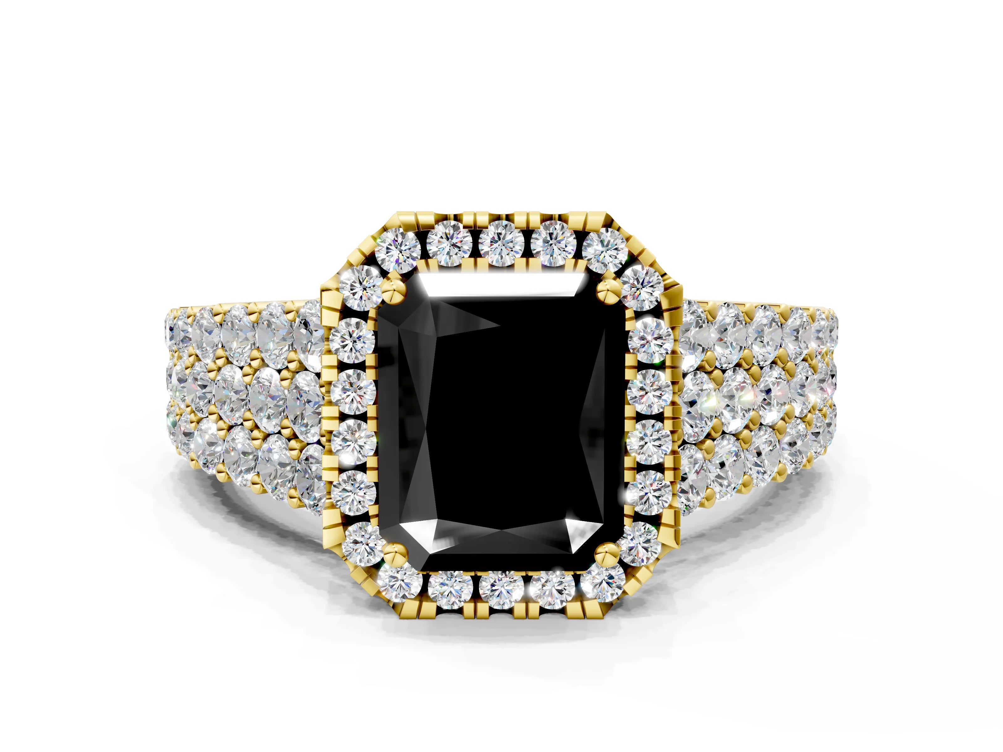 Yellow gold Fancy Black Radiant Cut Halo Pavé Diamond Engagement Ring with Split Shank and Four-Prong Setting_3