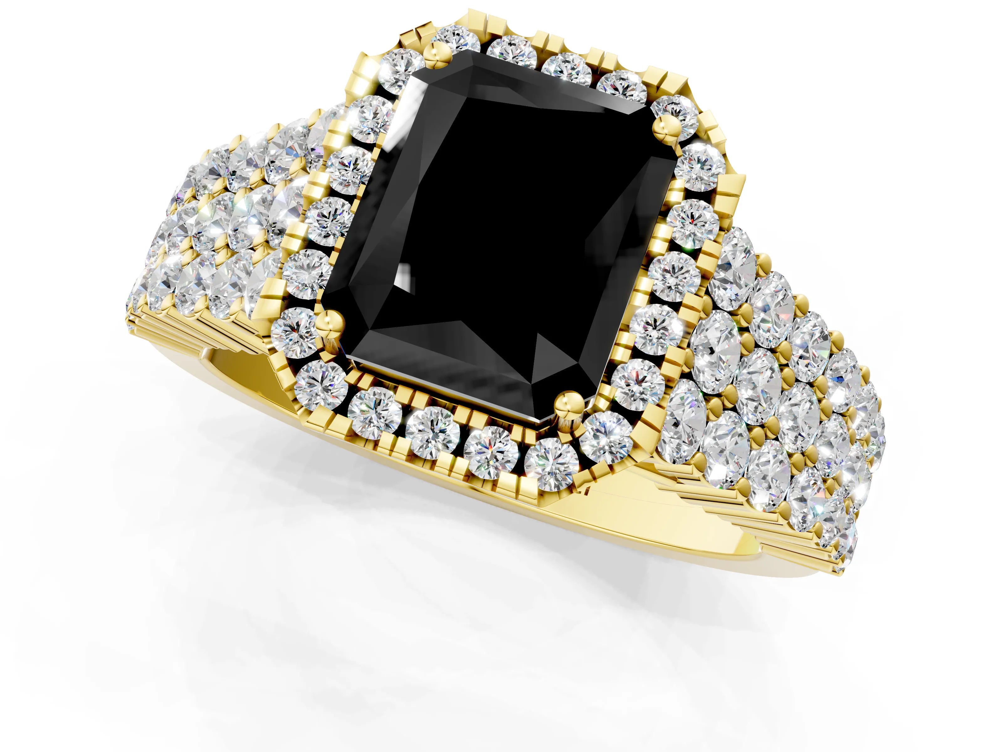 Yellow gold Fancy Black Radiant Cut Halo Pavé Diamond Engagement Ring with Split Shank and Four-Prong Setting_4