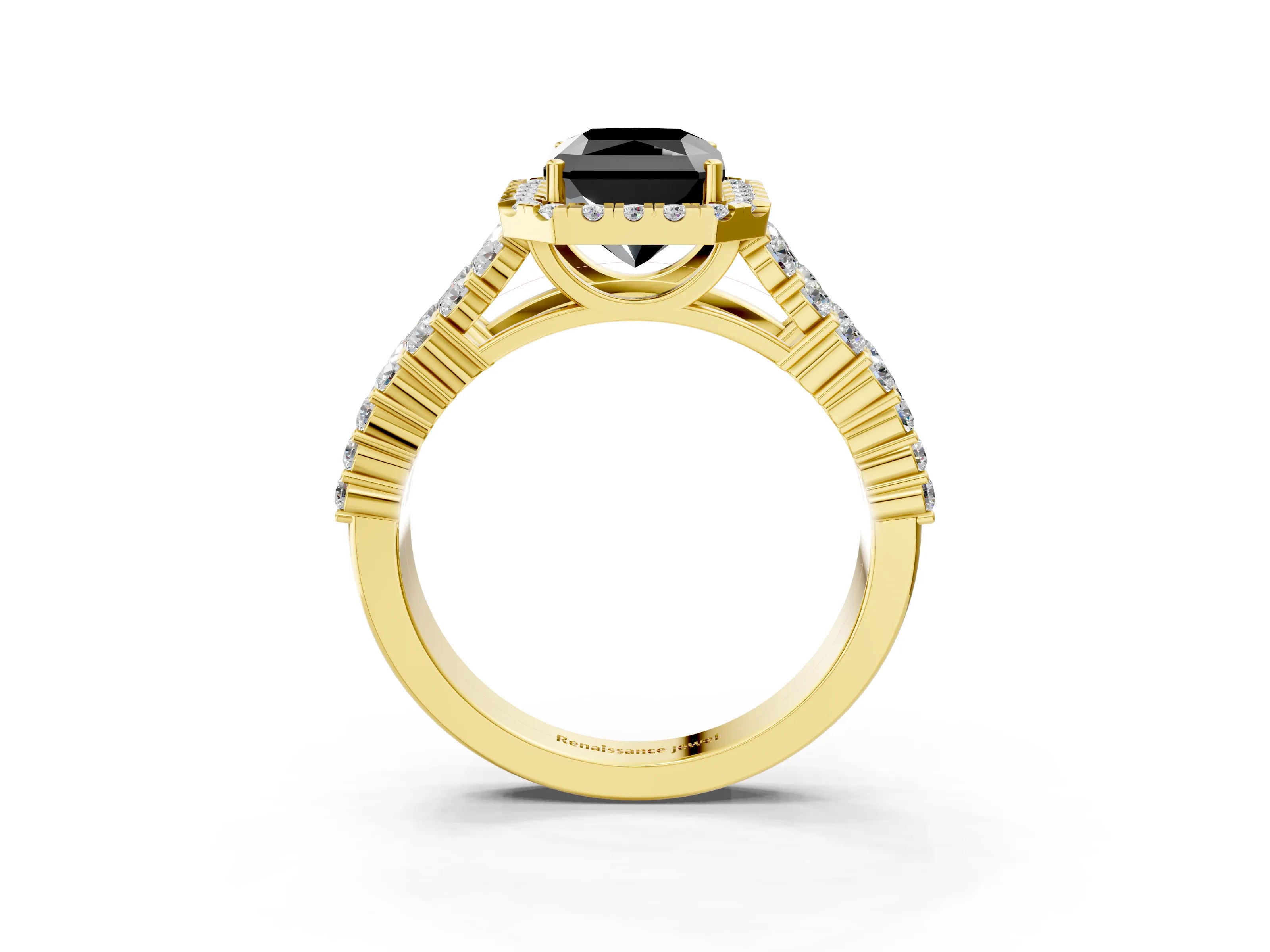 Yellow gold Fancy Black Radiant Cut Halo Pavé Diamond Engagement Ring with Split Shank and Four-Prong Setting_6