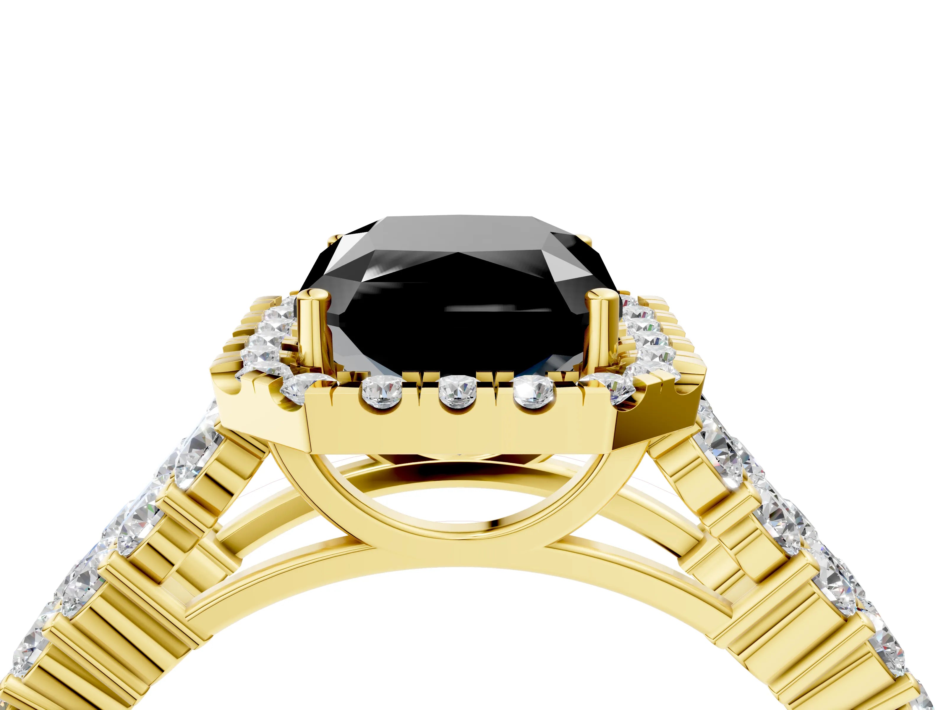 Yellow gold Fancy Black Radiant Cut Halo Pavé Diamond Engagement Ring with Split Shank and Four-Prong Setting_7