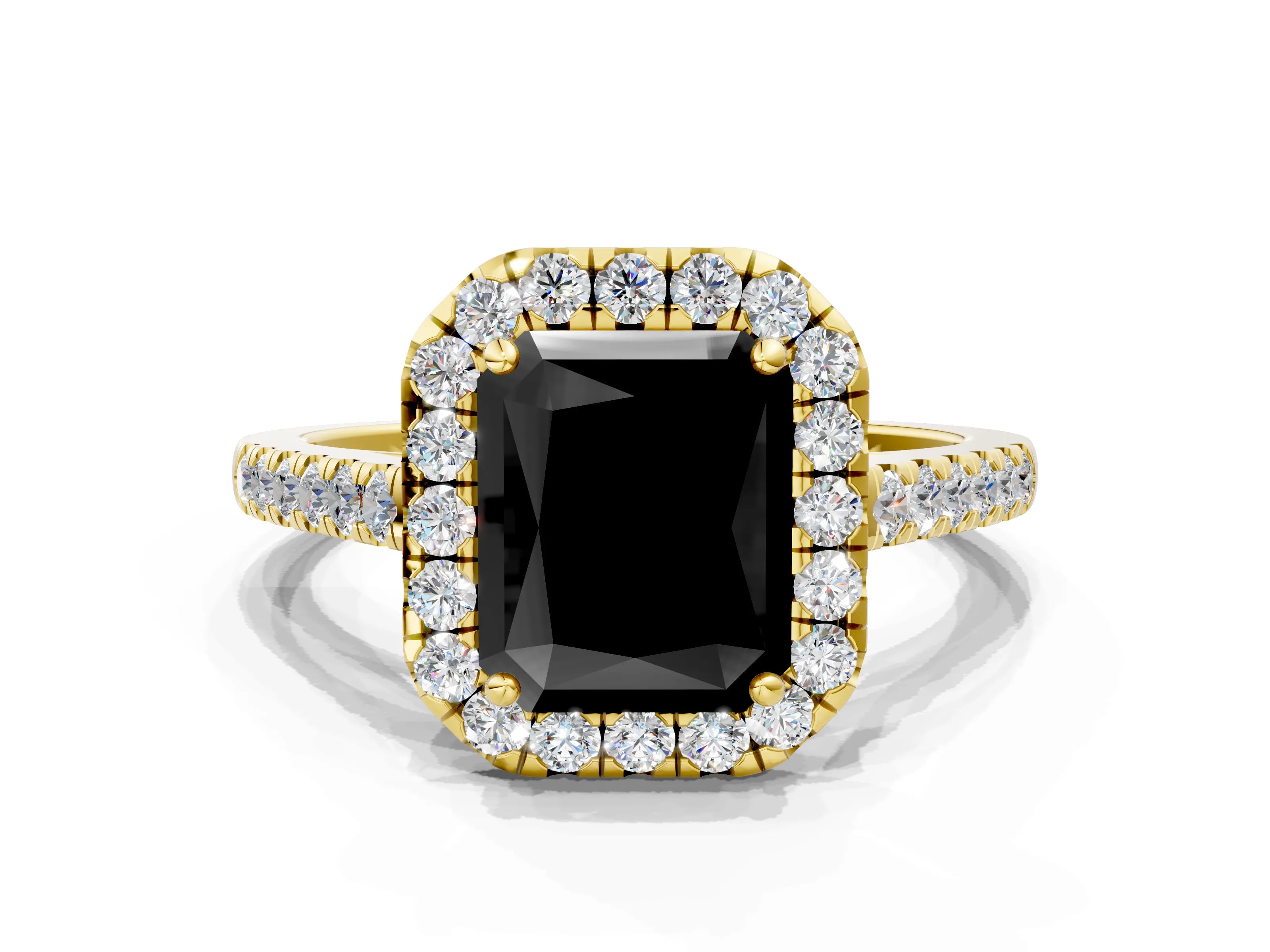 Yellow gold Fancy Black Radiant Cut Halo Pave Diamond Engagement Ring with Four-Prong Setting
