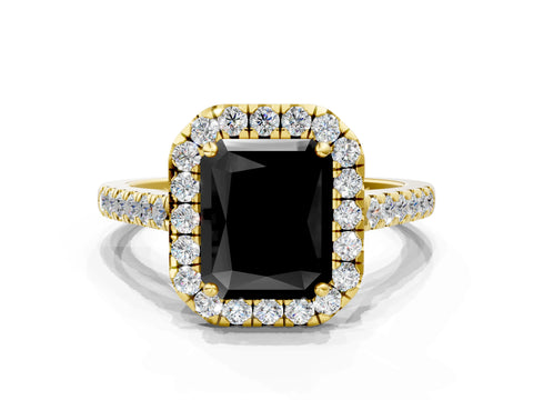 Yellow gold Fancy Black Radiant Cut Halo Pave Diamond Engagement Ring with Four-Prong Setting