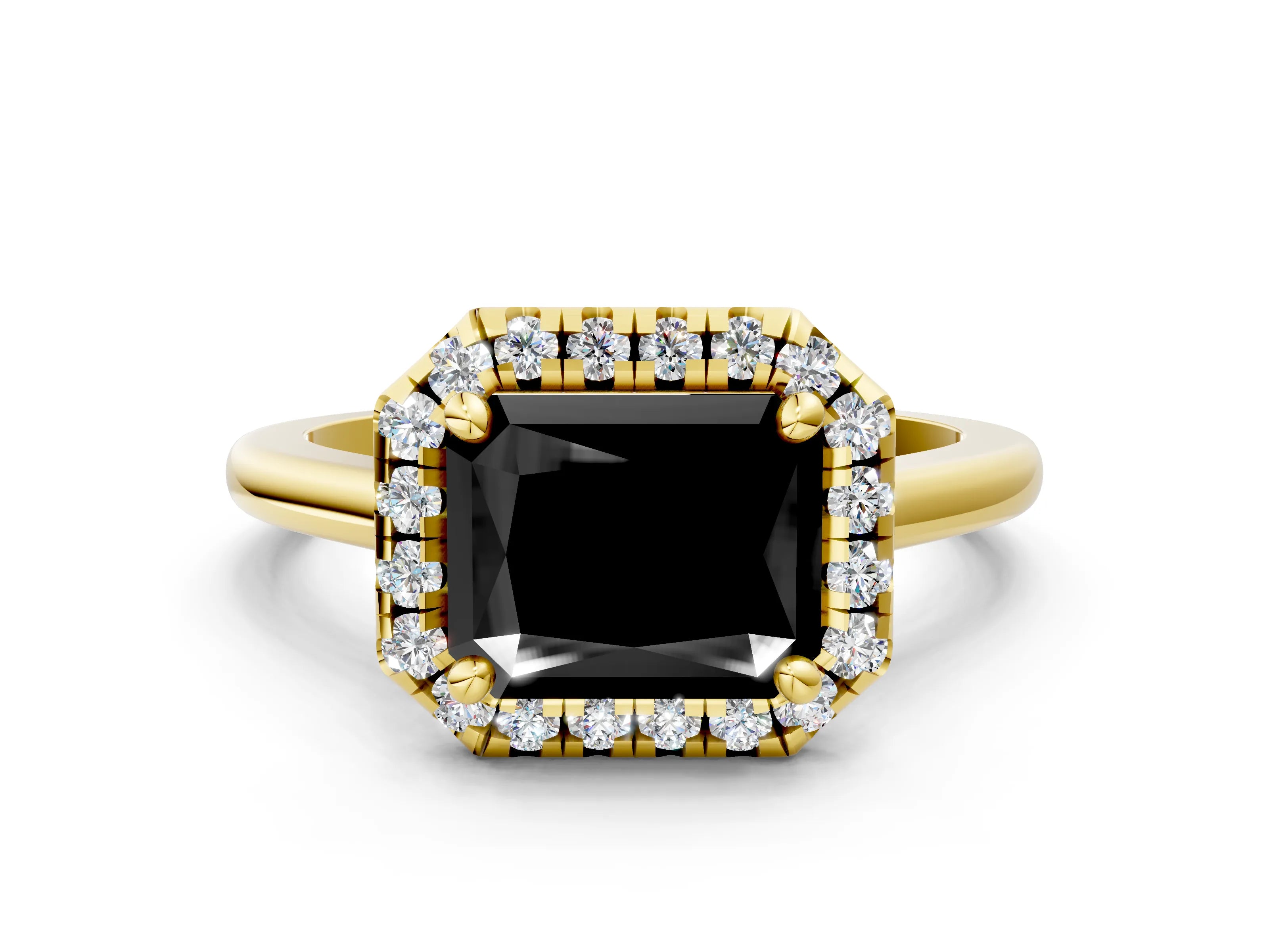 Yellow gold Fancy Black Radiant Cut Halo Round Diamond Solitaire Engagement Ring with Pave Band and Four-Prong Setting_12