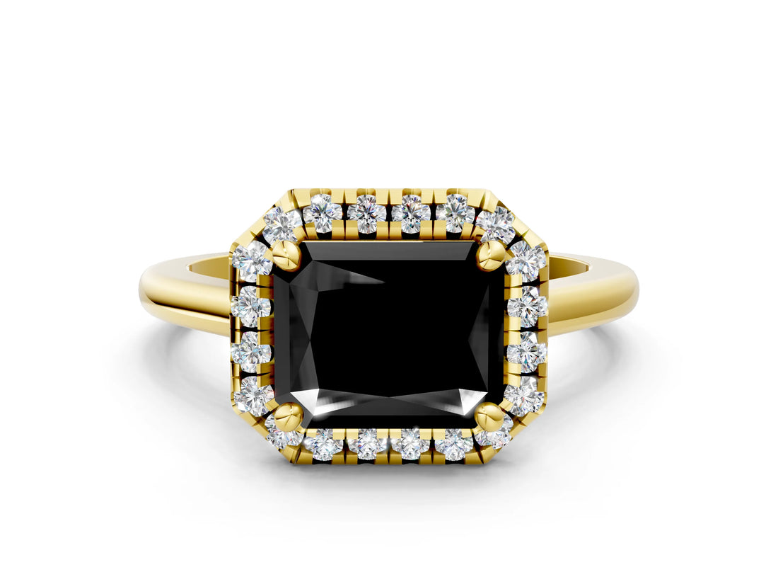 Yellow gold Fancy Black Radiant Cut Halo Round Diamond Solitaire Engagement Ring with Pave Band and Four-Prong Setting_12