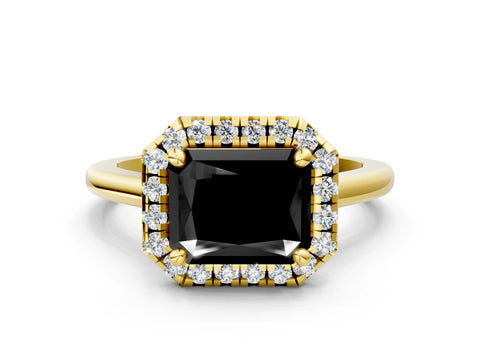 Yellow gold Fancy Black Radiant Cut Halo Round Diamond Solitaire Engagement Ring with Pave Band and Four-Prong Setting_12
