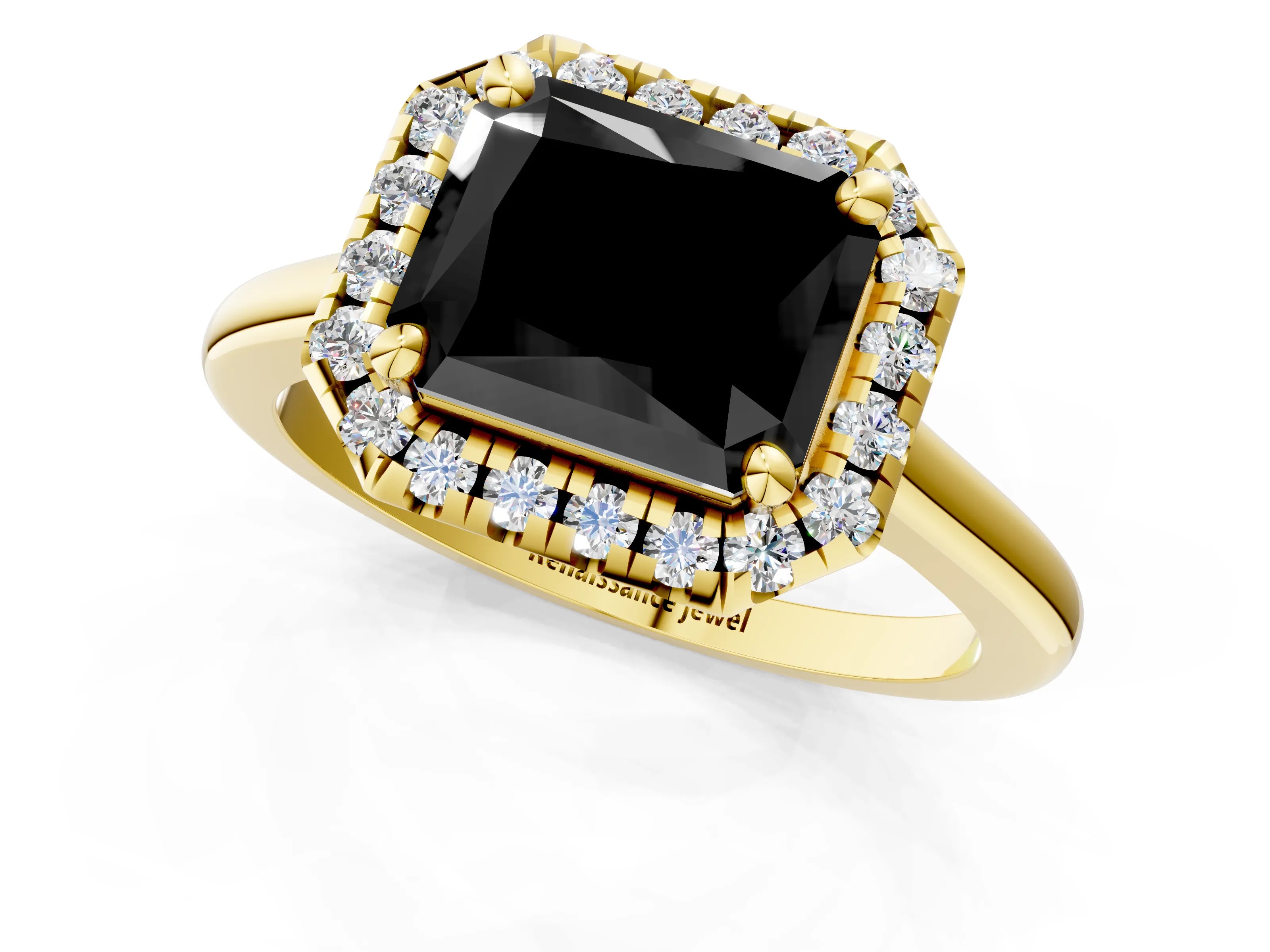 Yellow gold Fancy Black Radiant Cut Halo Round Diamond Solitaire Engagement Ring with Pave Band and Four-Prong Setting_13