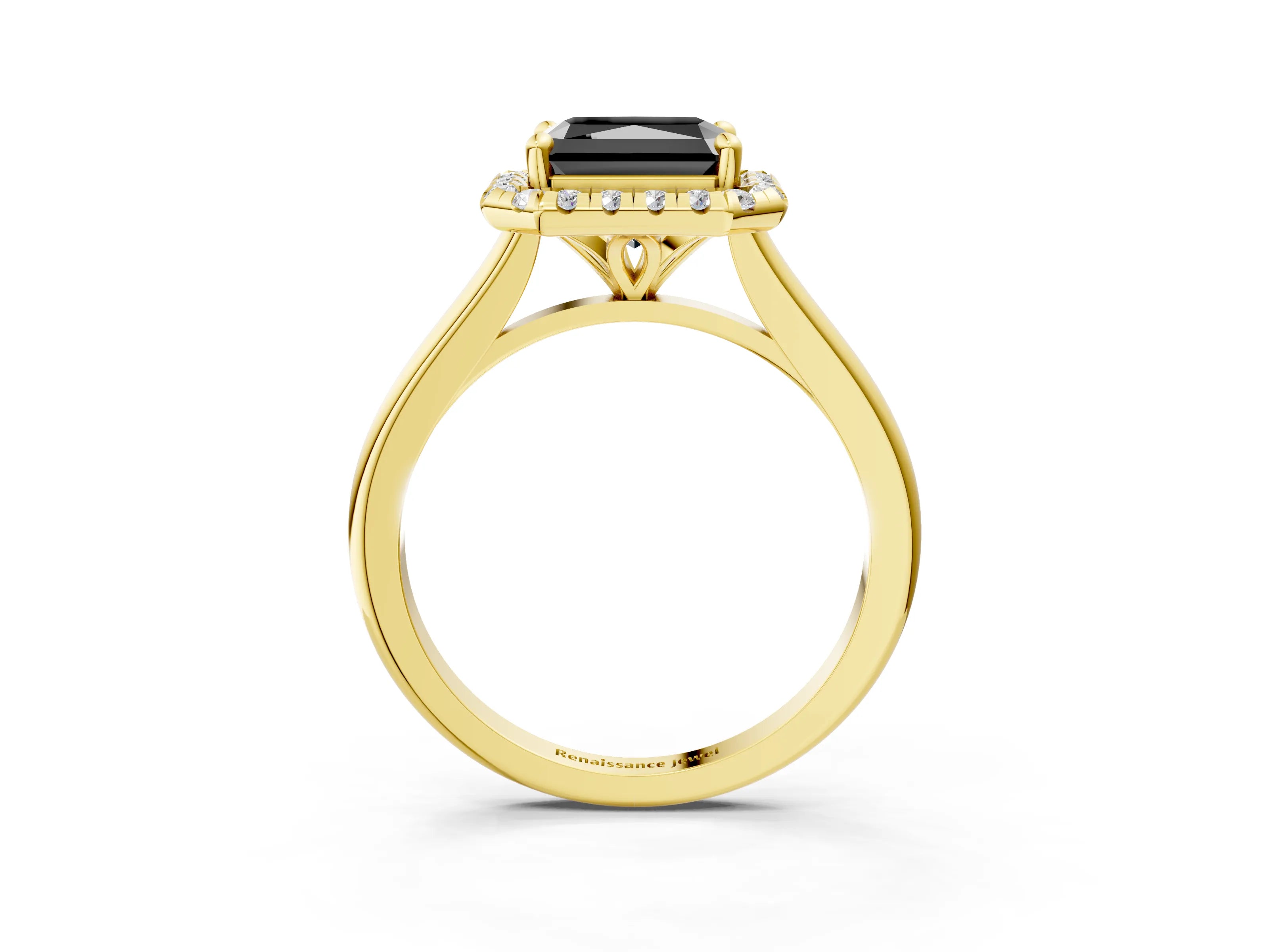 Yellow gold Fancy Black Radiant Cut Halo Round Diamond Solitaire Engagement Ring with Pave Band and Four-Prong Setting_15