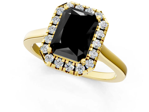 Yellow gold Fancy Black Radiant Cut Halo Round Diamond Solitaire Ring with Pavé Band and Four-Prong Setting_1
