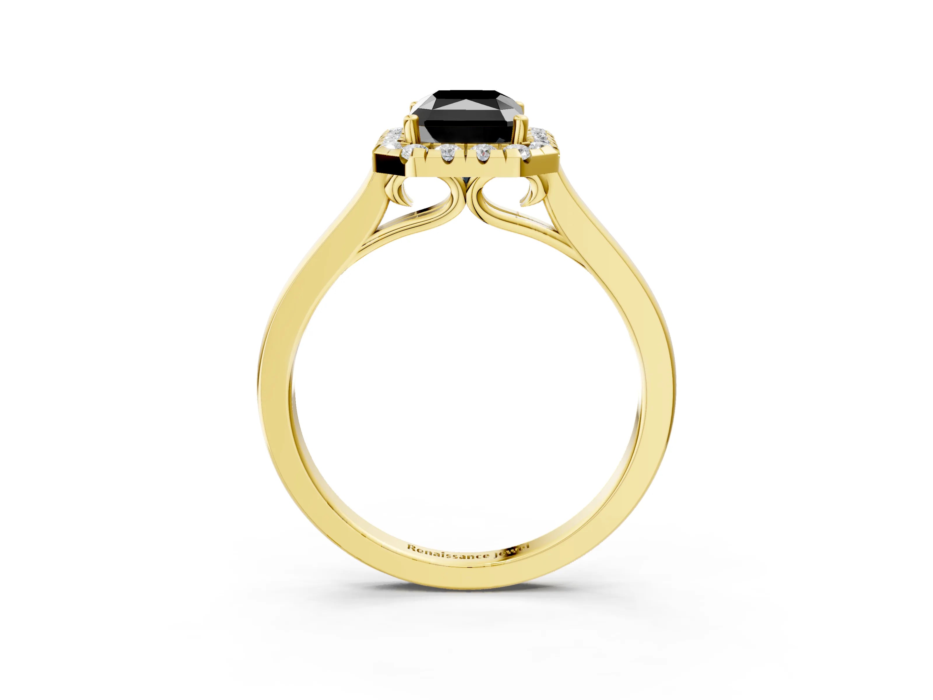 Yellow gold Fancy Black Radiant Cut Halo Round Diamond Solitaire Ring with Pavé Band and Four-Prong Setting_3